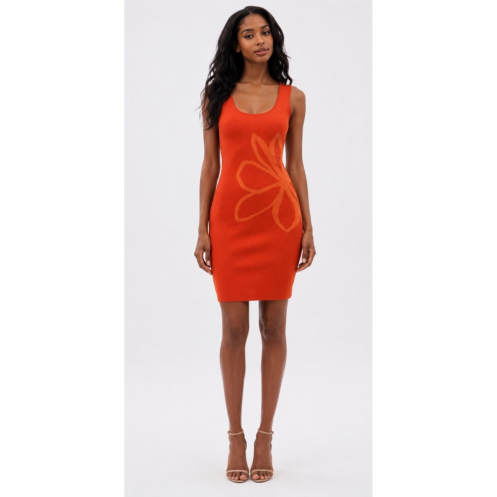 Anthropologie Flat White Orange Floral Graphic Knit Scoop Bodycon Mini Dress M